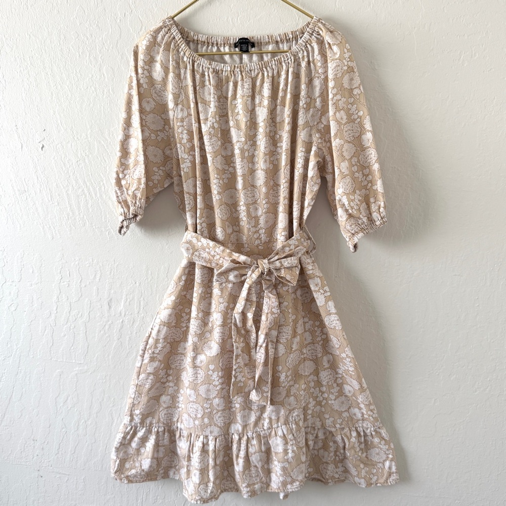 Saks Fifth Avenue Linen Blend Blush Floral Belted Scoop-Neck faux Wrap Dress L